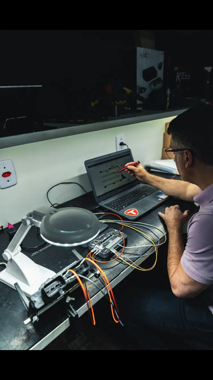 Técnico programando módulo ECU em bancada Toro Performance